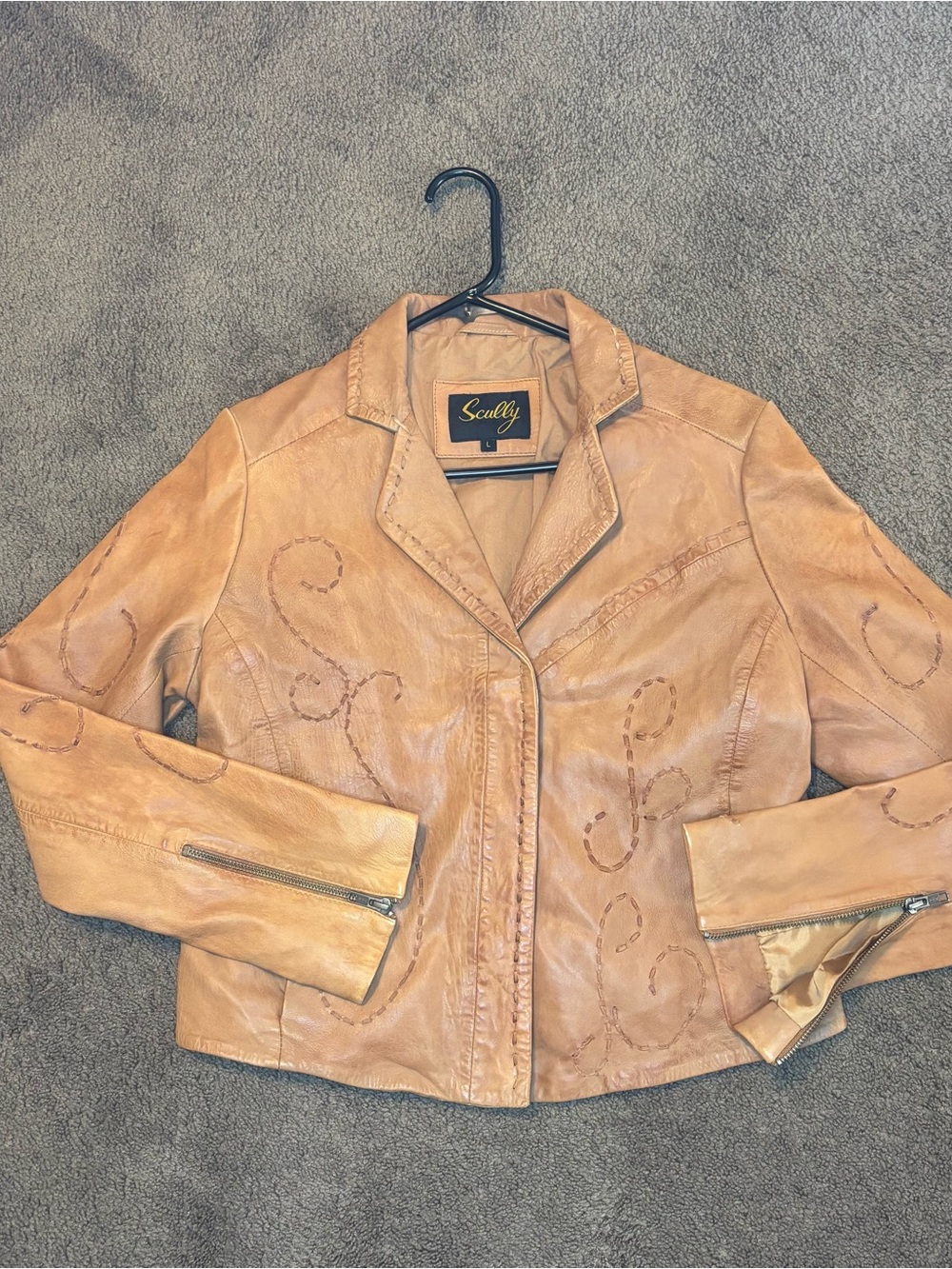 Scully Women’s Genuine Leather Jacket Tan Embroidered Zip Cuff Blazer Size L